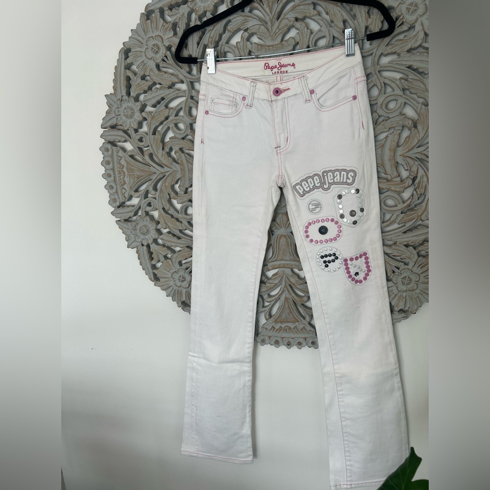 Unique PEPE JEANS – White with Pink Ornaments,Y2K Patch Jeans Sz 24